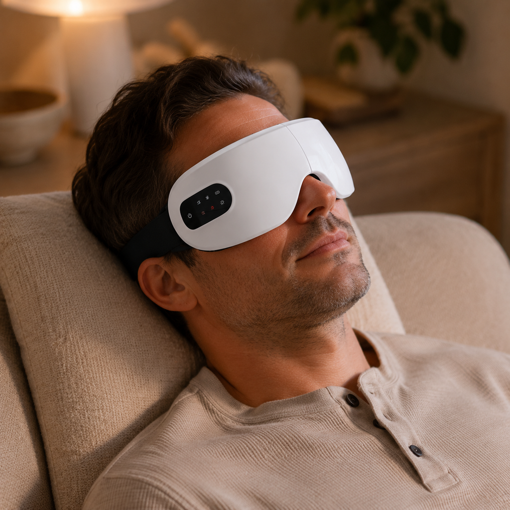 Man relaxing on a sofa in lamp light wearing the EyeCocoon eye massager