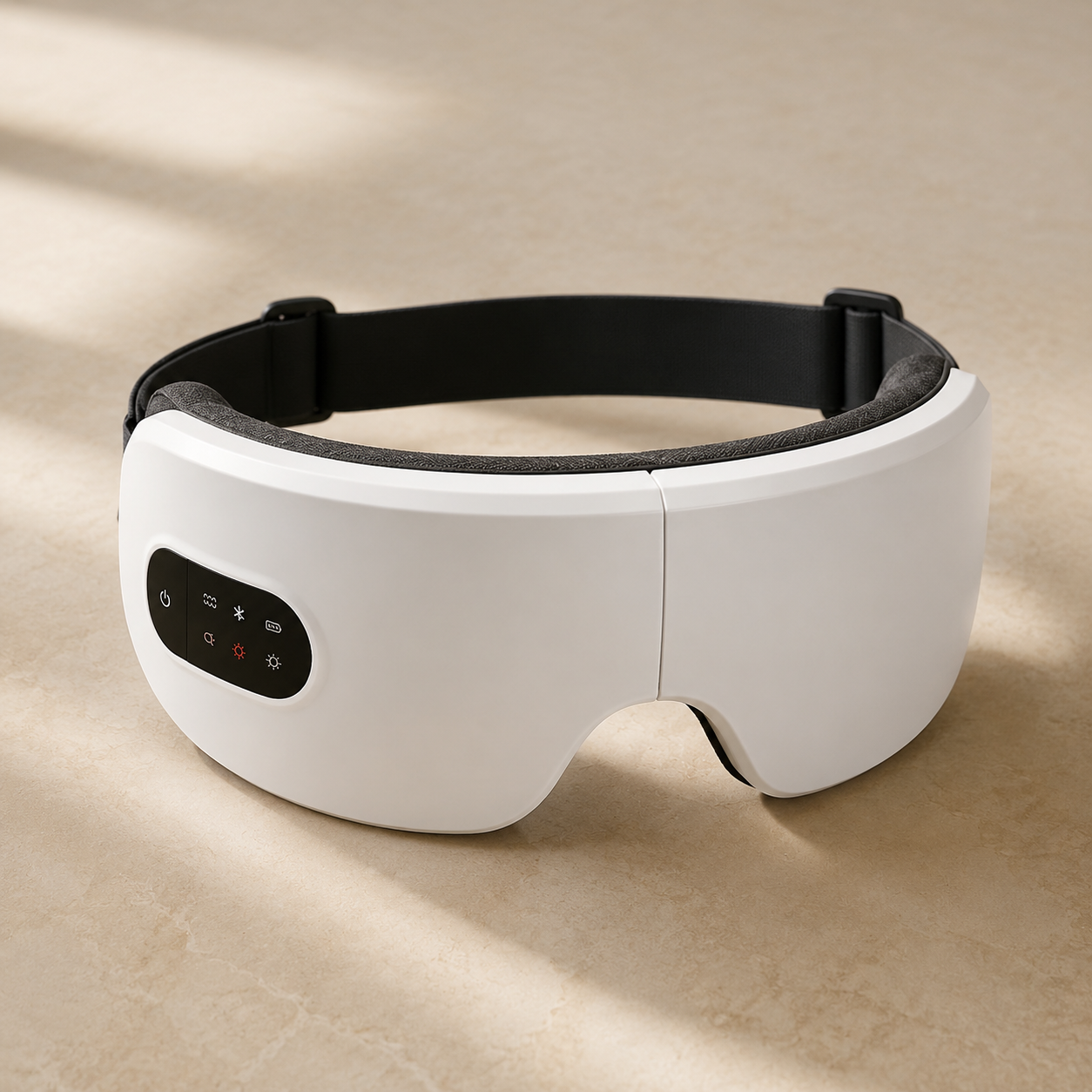 EyeCocoon heated eye massager on a warm beige surface in natural light