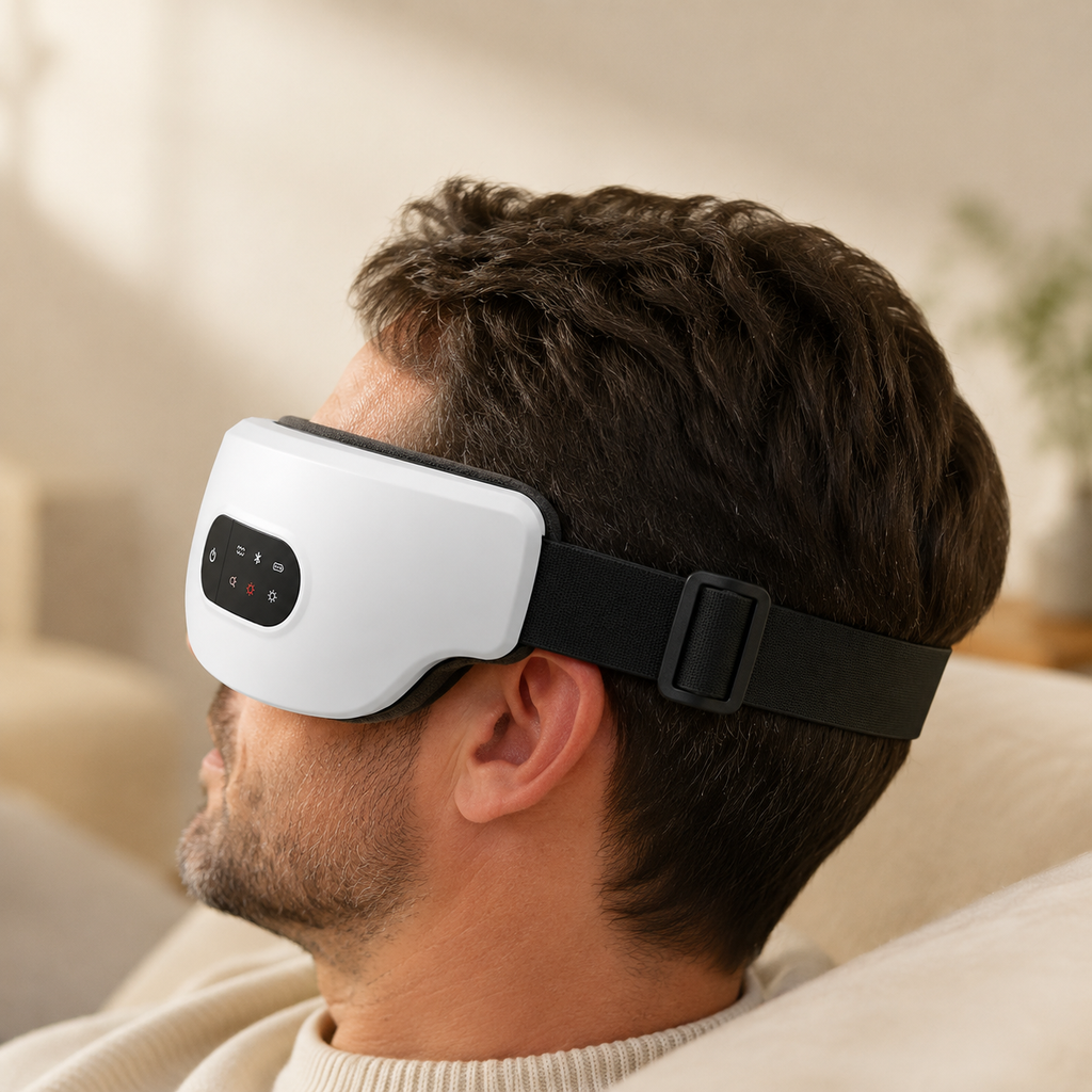 Side profile showing the adjustable strap of the EyeCocoon eye massager