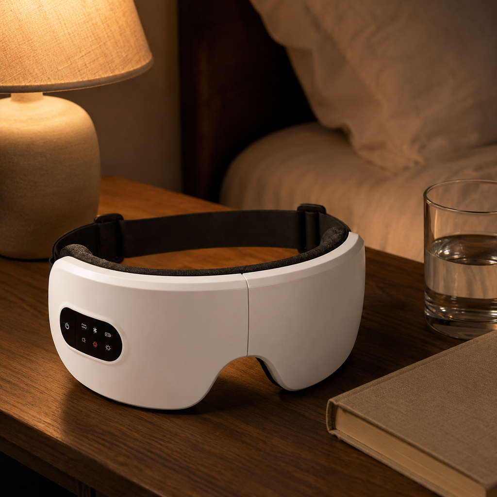 EyeCocoon eye massager resting on a bedside table beside a lamp and a glass of water