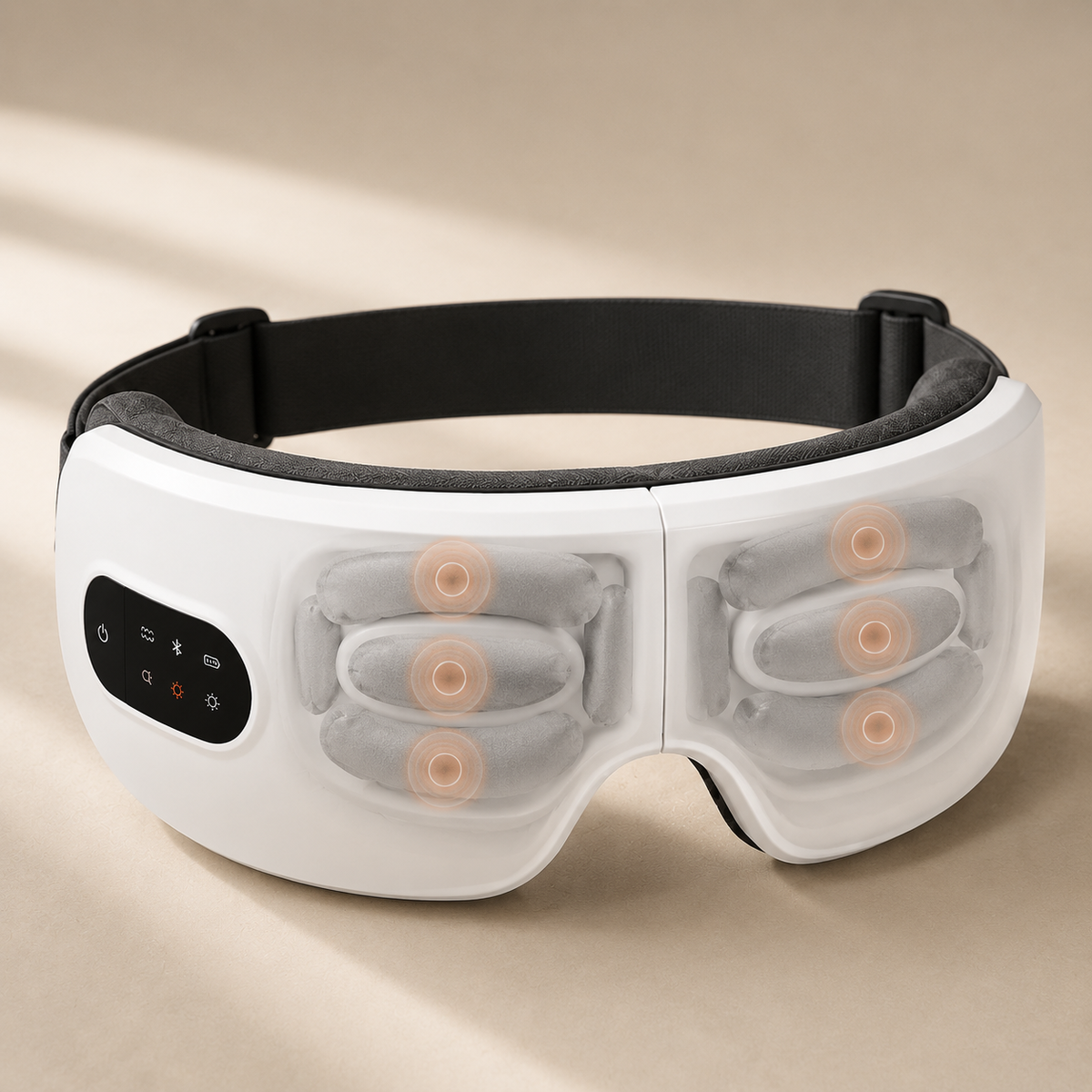Inside of the EyeCocoon mask showing the air pressure pads and heating zones