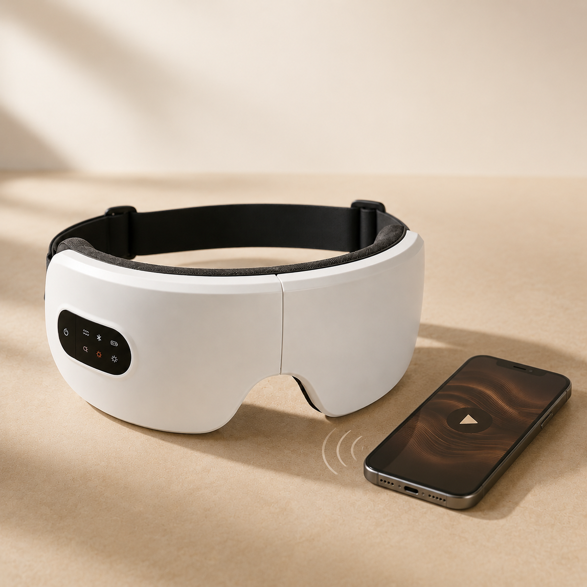 EyeCocoon eye massager paired to a phone over Bluetooth for audio