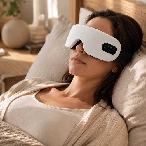 Woman reclined in bed wearing the EyeCocoon heated eye massager