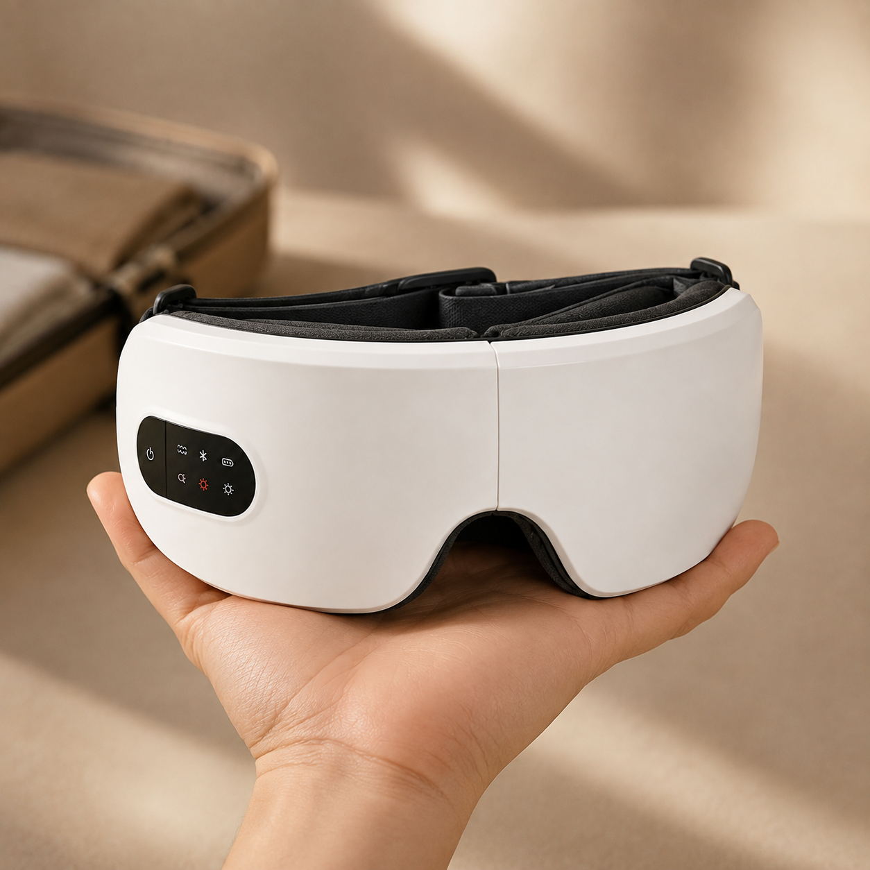 EyeCocoon eye massager folded flat and held in one hand to show its size